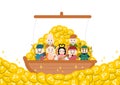 Point coins and the seven deities of good luck of Japan. Vector illustration.